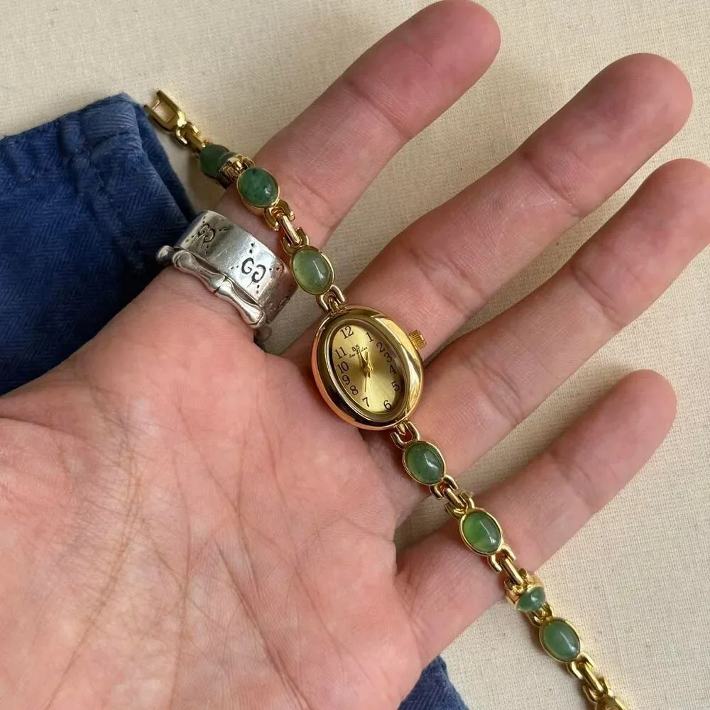 y2k cute gold round stainless steel quartz green stone charm watch